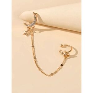 GOLD DIAMOND CRESCENT MOON STAR EARRING AND CHAIN EAR CUFF